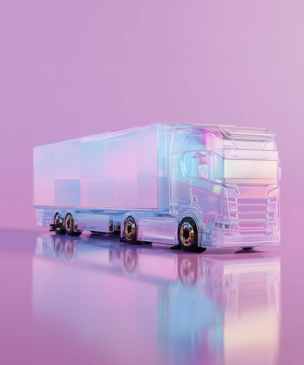 A futuristic, translucent truck with a shiny, iridescent appearance on a soft, pink background