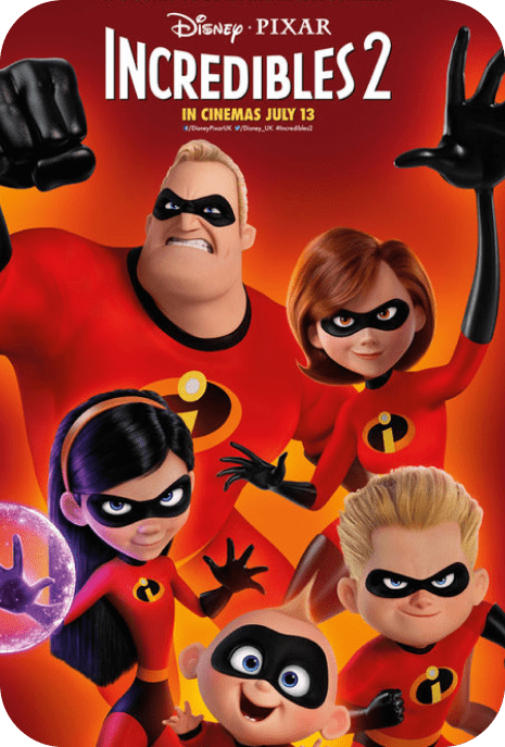 The poster of Incredibles 2, showing the Parr family in their superhero costumes
