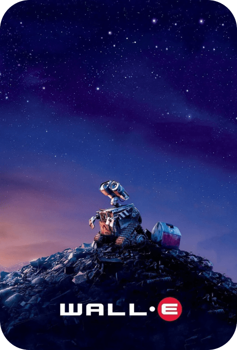 The poster of WALL-E, showing the robot WALL-E on a pile of trash with a starry sky